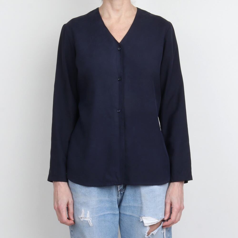 Vintage 90s Navy Silk V Neck Button Down Blouse 8